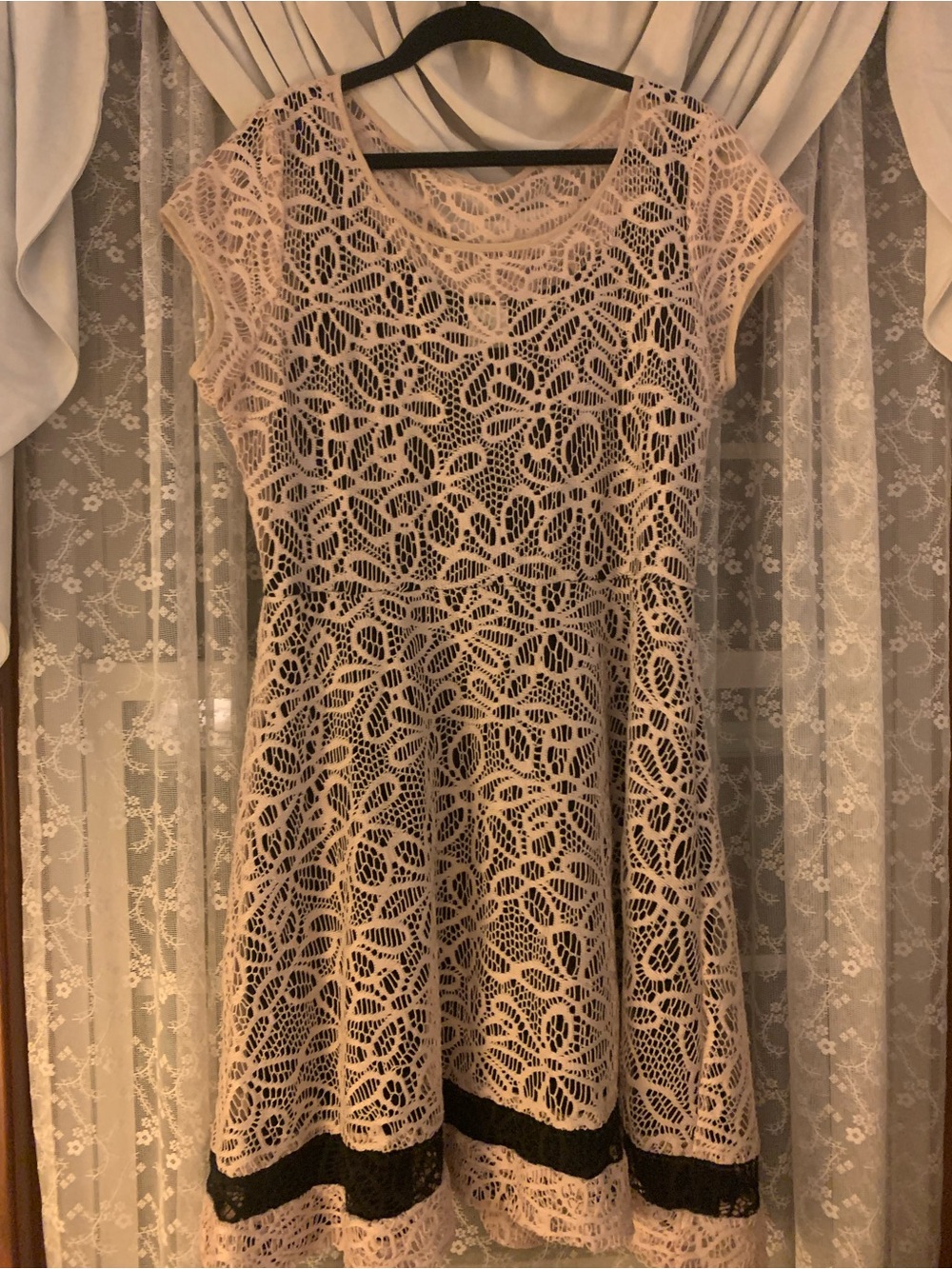 Anthropologie Lace Overlay Fit-and-Flare Dress in Cream with Black Trim